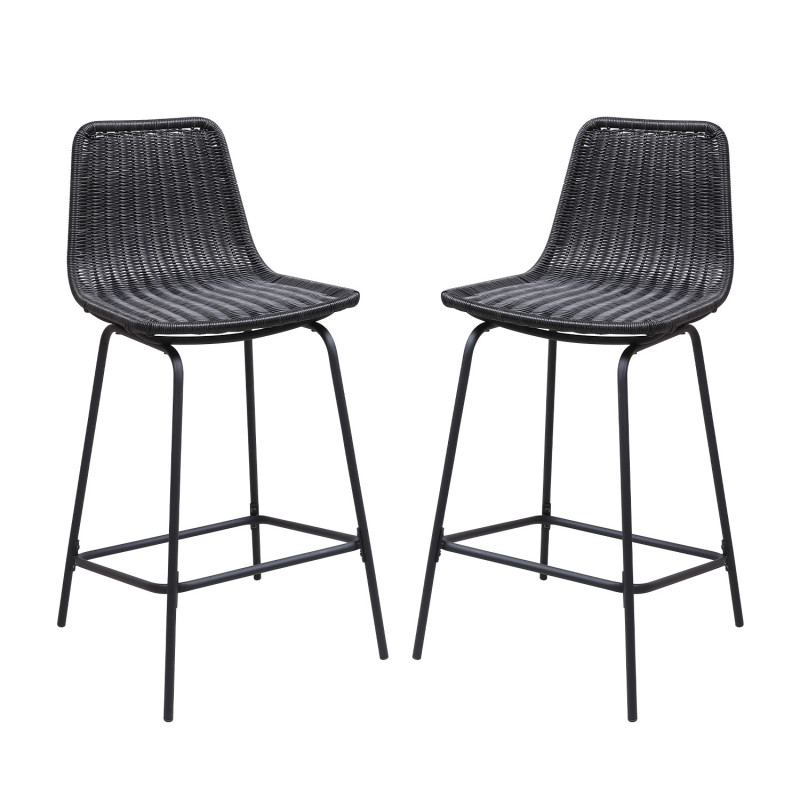 Tabourets de Bar Îlot Central Rotin et Métal - Coloris Noir BALI | Lot de 2
