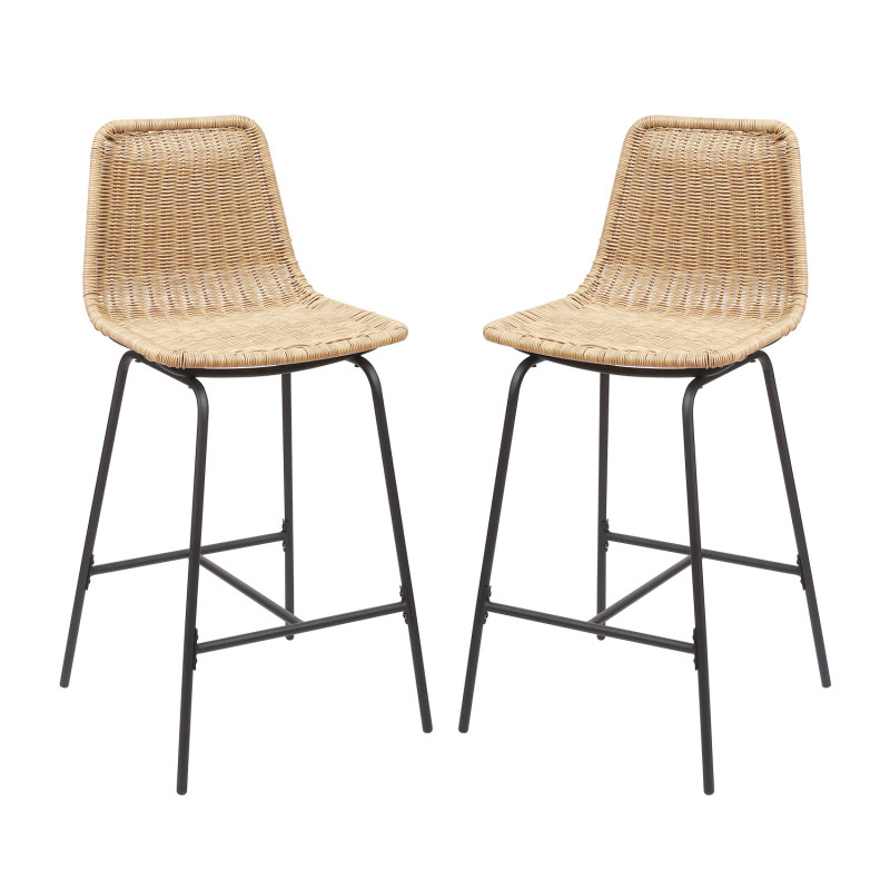 Tabourets de Bar Îlot Central Rotin et Métal - Coloris Naturel KUTA | Lot de 2