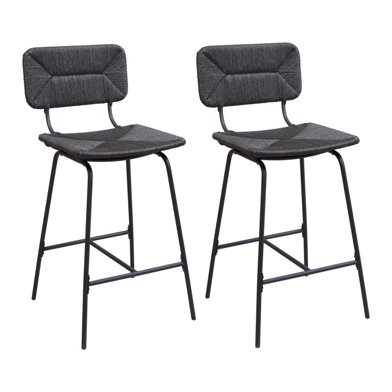 Tabourets de Bar Îlot Central Corde tressée et Métal - Coloris Noir carbone TIDRA | Lot de 2