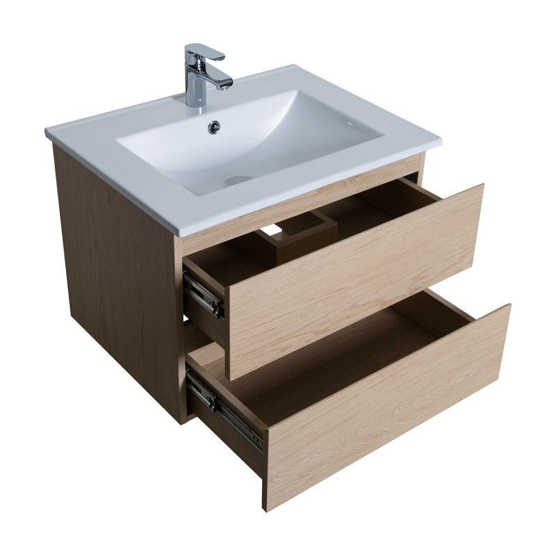 Meuble Salle de Bain 60 cm Suspendu décor Chêne + Miroir SORRENTO