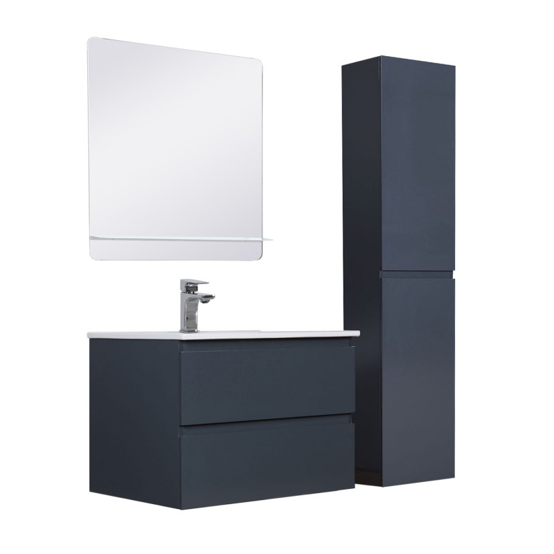 Ensemble meuble simple vasque gris anthracite 60cm + vasque + miroir + colonne