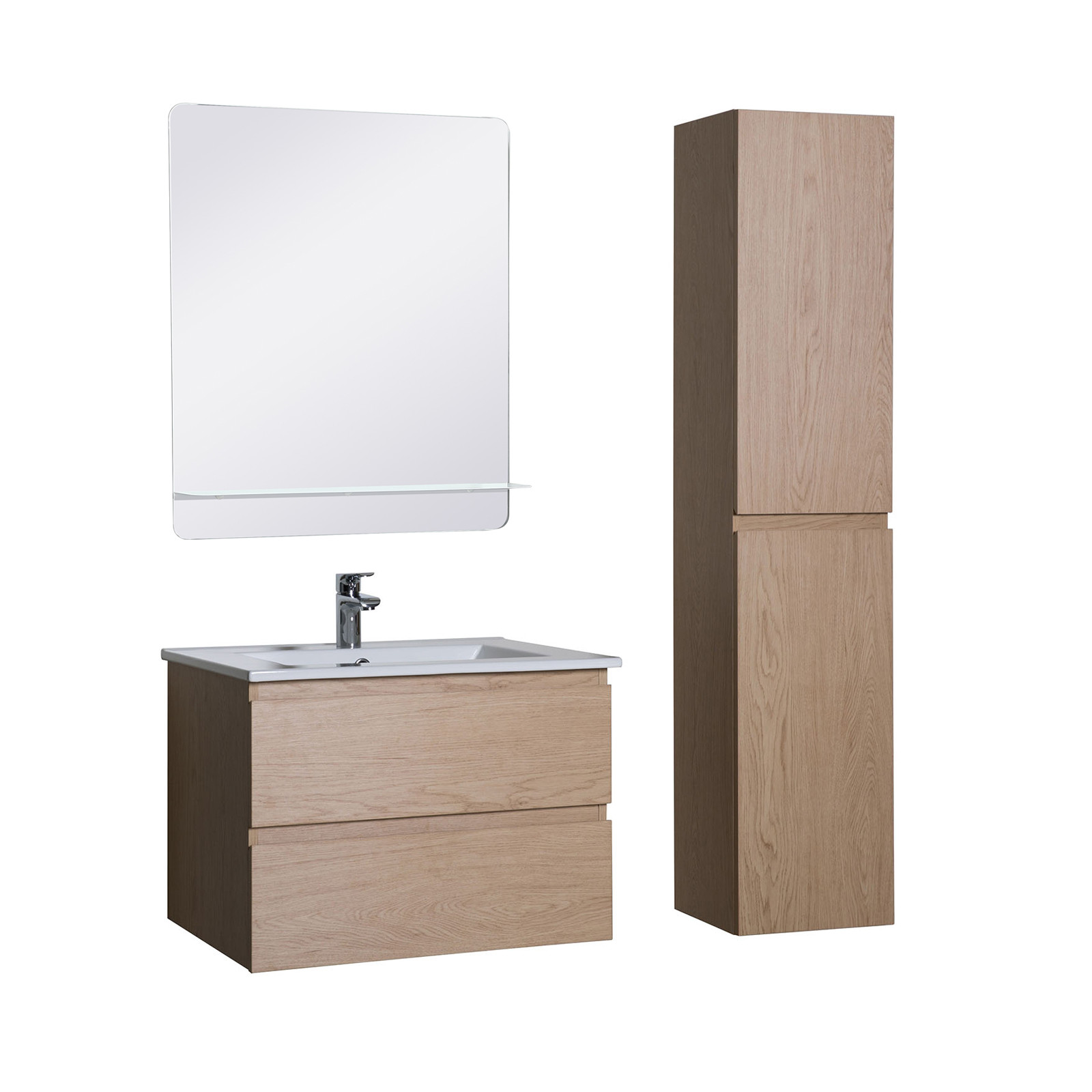 Meuble Salle de Bain 60 cm + Colonne décor Chêne + Miroir SORRENTO