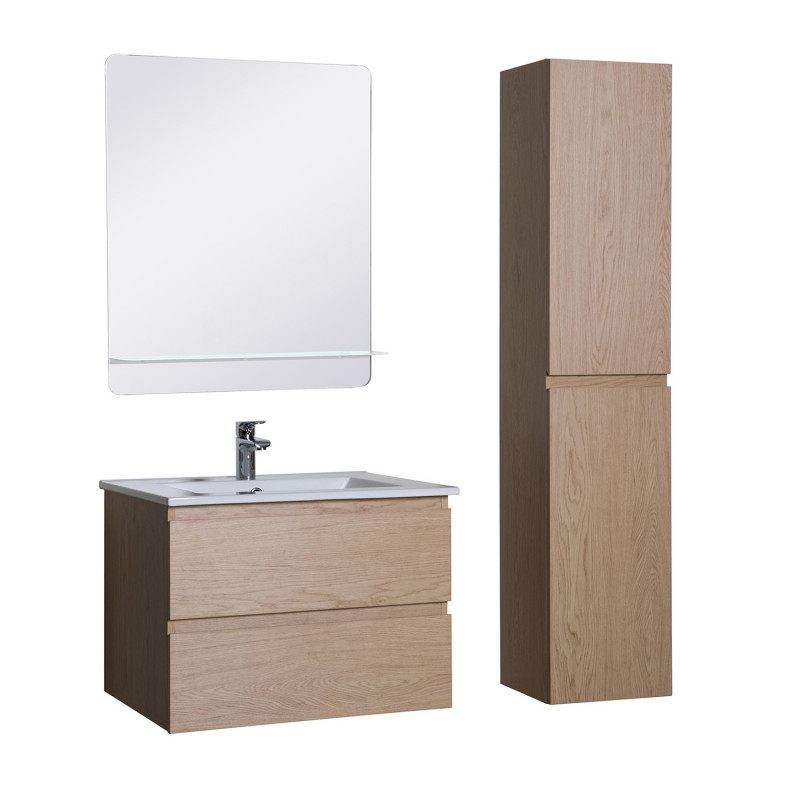 Ensemble meuble simple vasque décor chêne 60cm + vasque + miroir + colonne