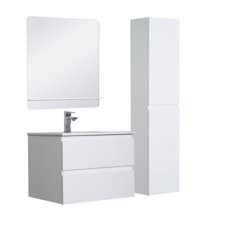 Ensemble meuble simple vasque décor chêne 60cm + vasque + miroir + colonne