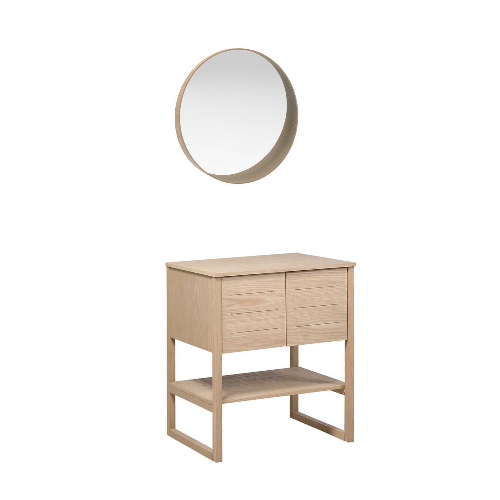Meuble de Salle De Bain Chêne 70 cm ATOLL + Miroir  Rond en Bois VALI D60 cm