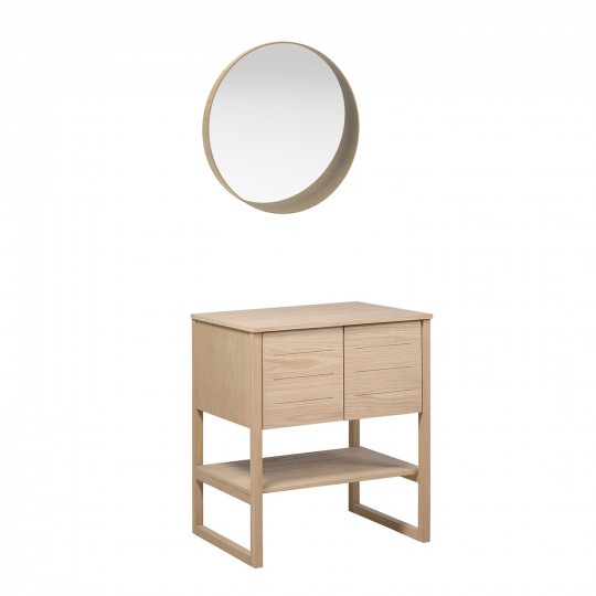 Meuble de Salle De Bain Chêne 70 cm ATOLL + Miroir Rond en Bois VALI D60 cm