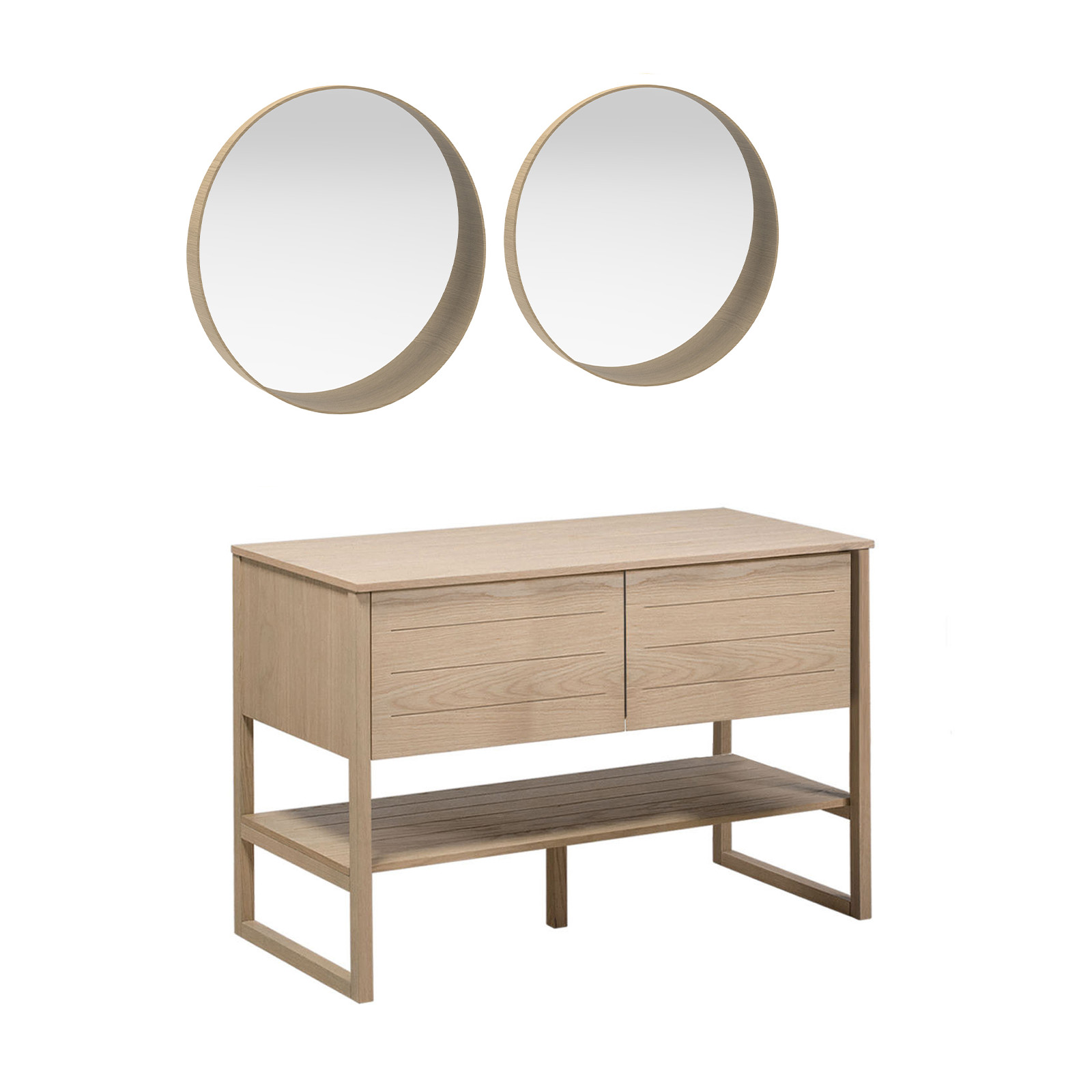 Meuble de Salle De Bain Chêne 120 cm ATOLL + 2 Miroirs Ronds en Bois VALI D60 cm
