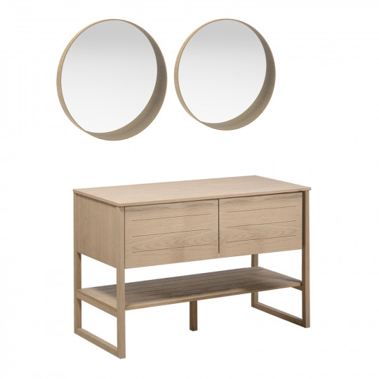 Meuble de Salle De Bain Chêne 120 cm ATOLL + 2 Miroirs Ronds en Bois VALI D60 cm