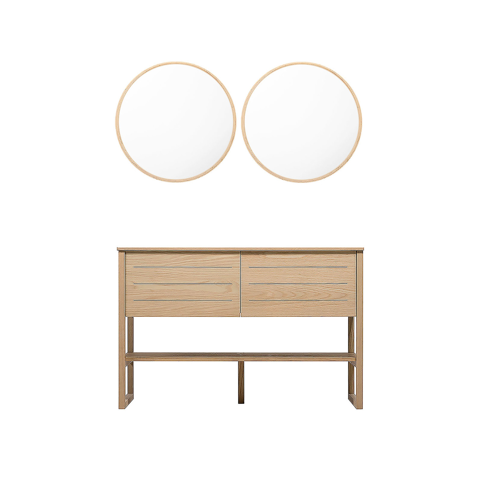 Meuble de Salle De Bain Chêne 120 cm ATOLL + 2 Miroirs Ronds en Bois VALI D60 cm Meuble de Salle De Bain Chêne 120 cm ATOLL + 2 Miroirs Ronds en Bois VALI D60 cm