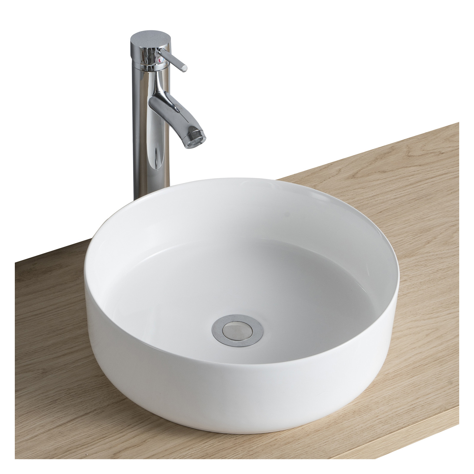 Meuble de Salle De Bain Chêne 70 cm ATOLL + Miroir Rond 60 cm + Vasque ronde 37 cm