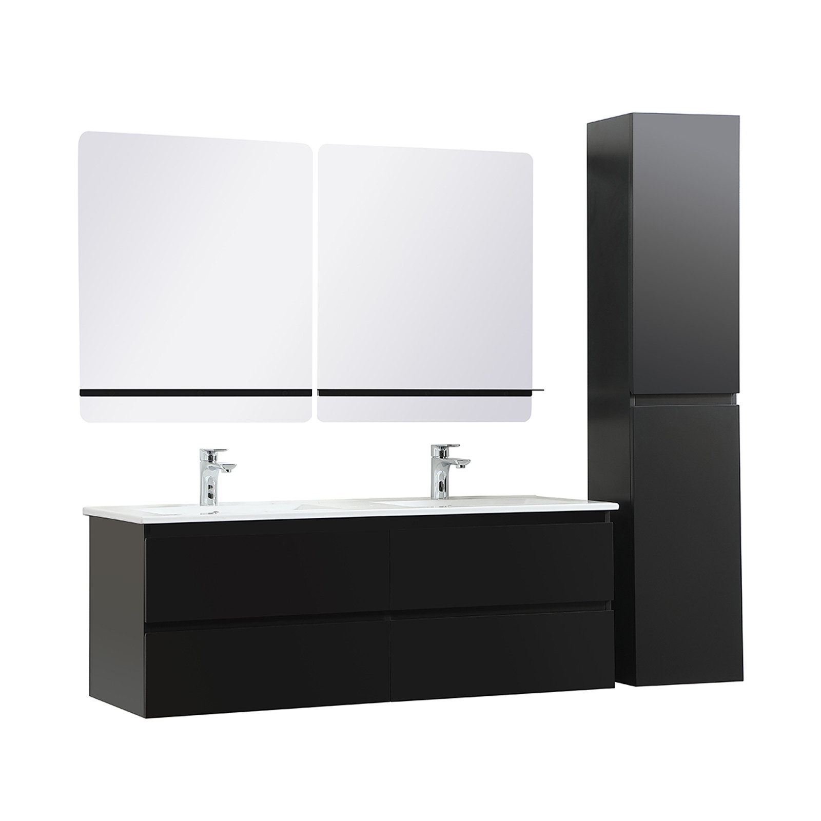 Meuble de Salle de Bain Double Vasque 120 cm Noir Carbone + Colonne + 2 miroirs SORRENTO