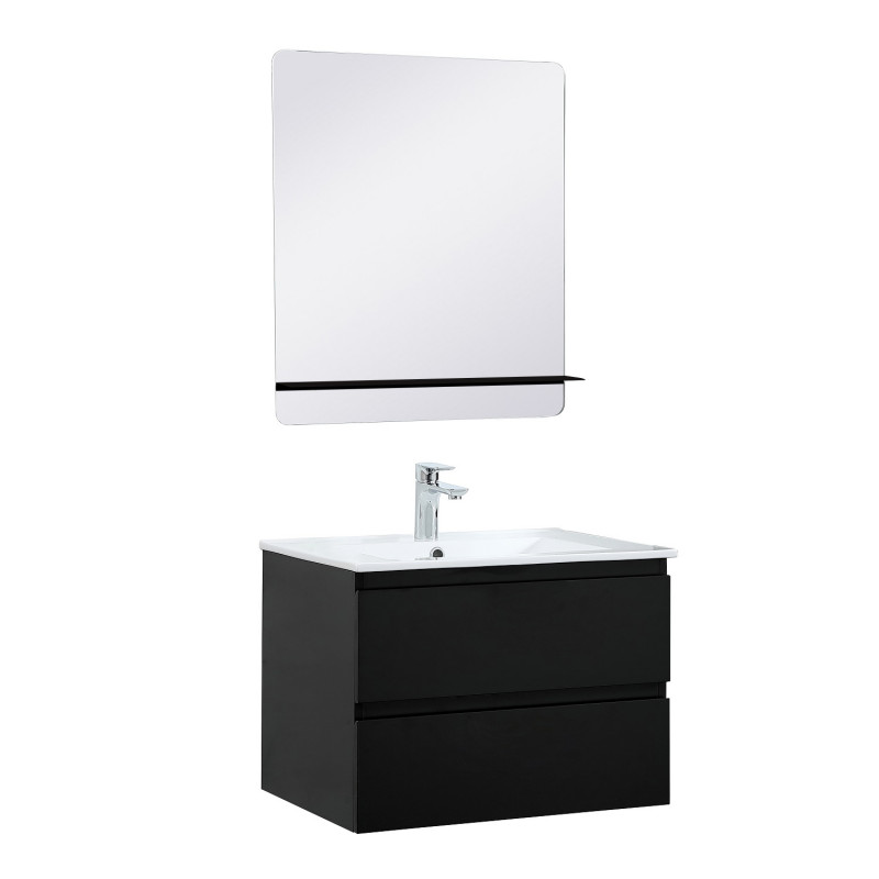 Meuble Salle de Bain 60 cm Suspendu Noir Carbone + Miroir tablette Noire SORRENTO