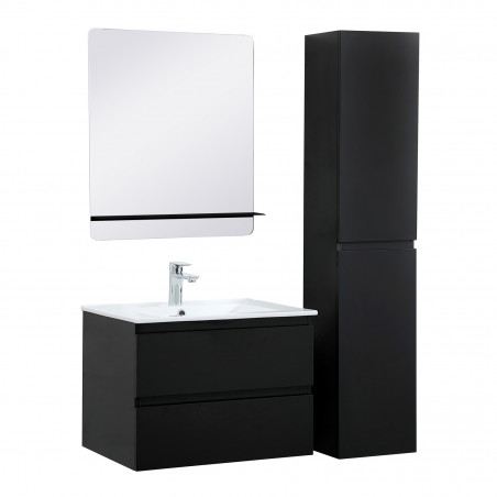 Meuble Salle de Bain 60 cm + Colonne Noir Carbone + Miroir tablette Noir SORRENTO