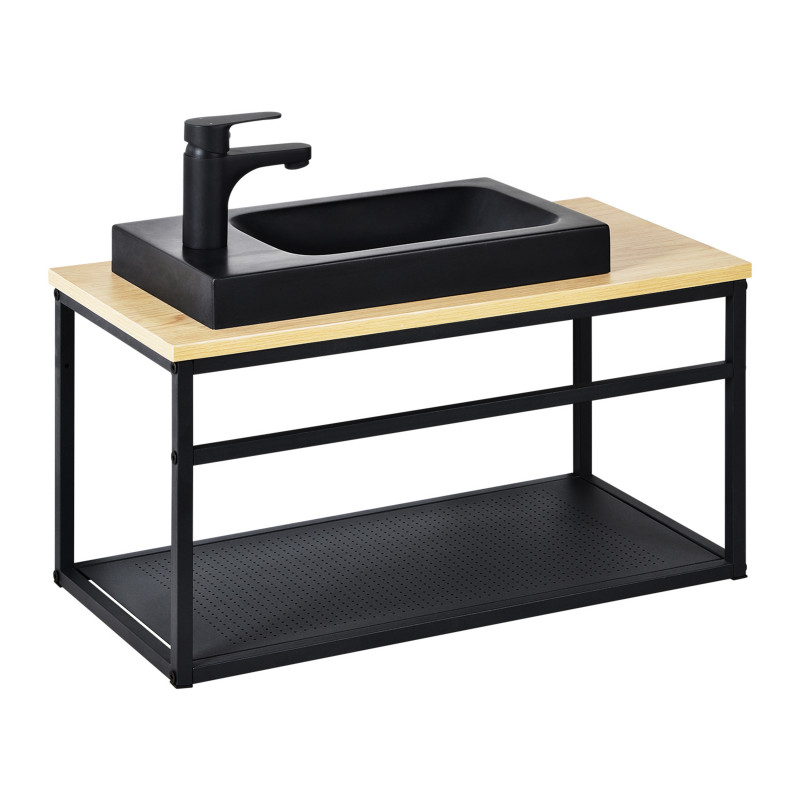 Meuble lave-mains Bois et Métal vasque Noire WILL + robinet noir