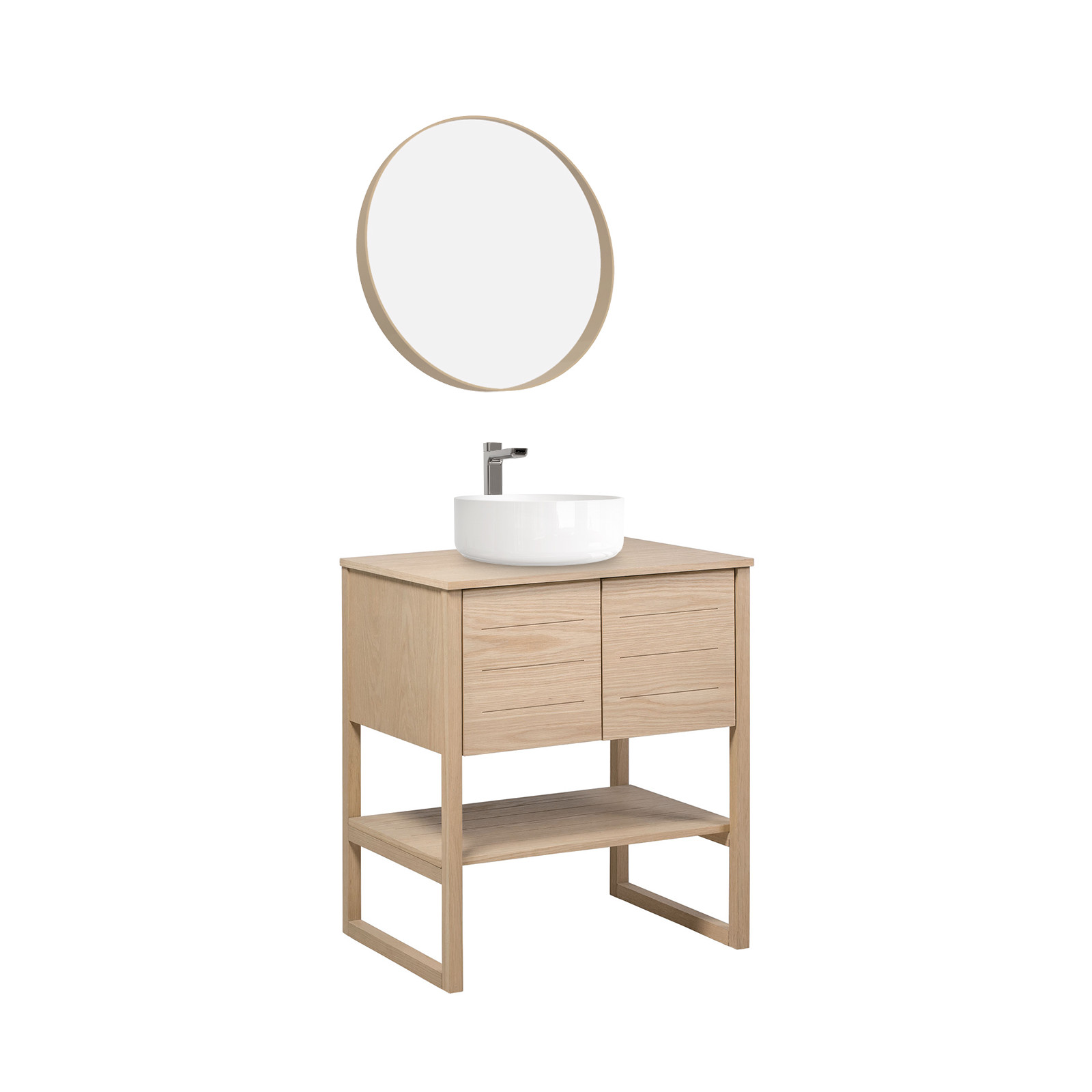 Meuble de Salle De Bain Chêne 70 cm ATOLL + Miroir Rond 60 cm + Vasque ronde 37 cm