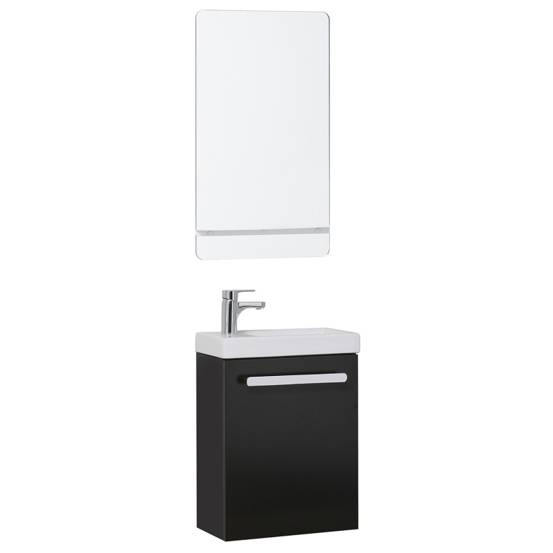 Meuble lave mains noir carbone NEVADA avec robinet chromé et miroir tablette blanche