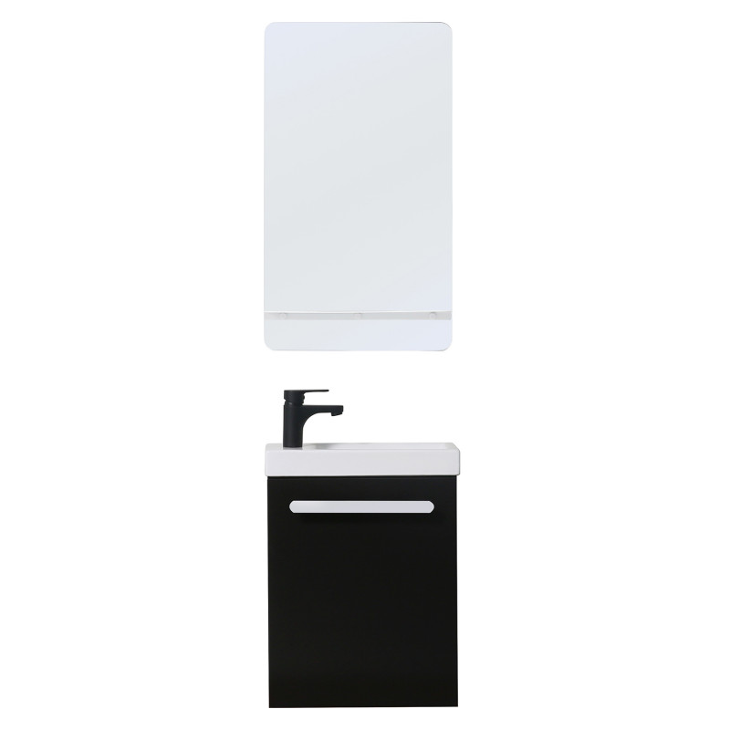 Meuble lave mains noir carbone NEVADA avec robinet noir et miroir tablette blanche