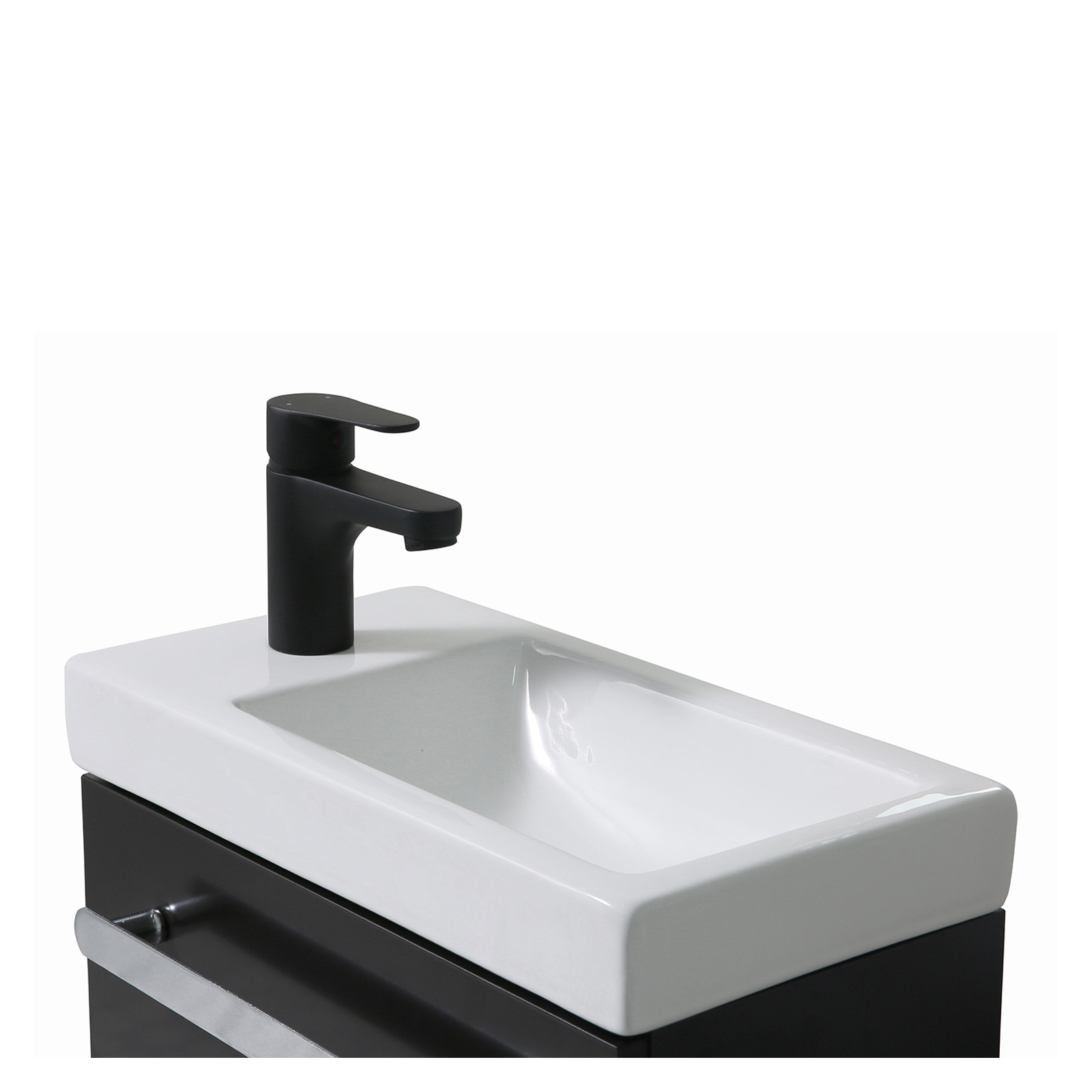 Meuble lave mains noir carbone NEVADA avec robinet noir et miroir tablette blanche