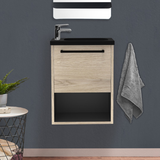 Meuble lave-mains décor chêne intérieur noir vasque noire NIKA avec robinet chromé