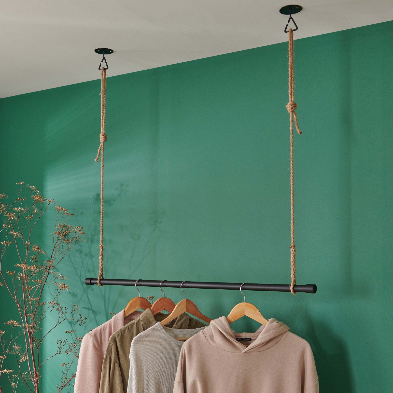 Kit penderie suspendue Industriel - Barre portant dressing sous plafond avec corde et crochet 1 m -