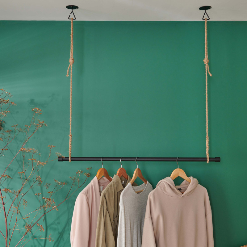 Kit penderie suspendue Industriel - Barre portant dressing sous plafond avec corde et crochet 1 m -
