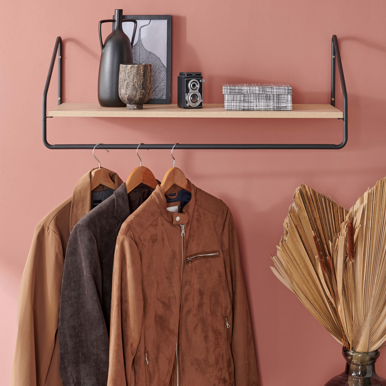 Etagère penderie murale Bois et Métal Noir 90 cm - NELO