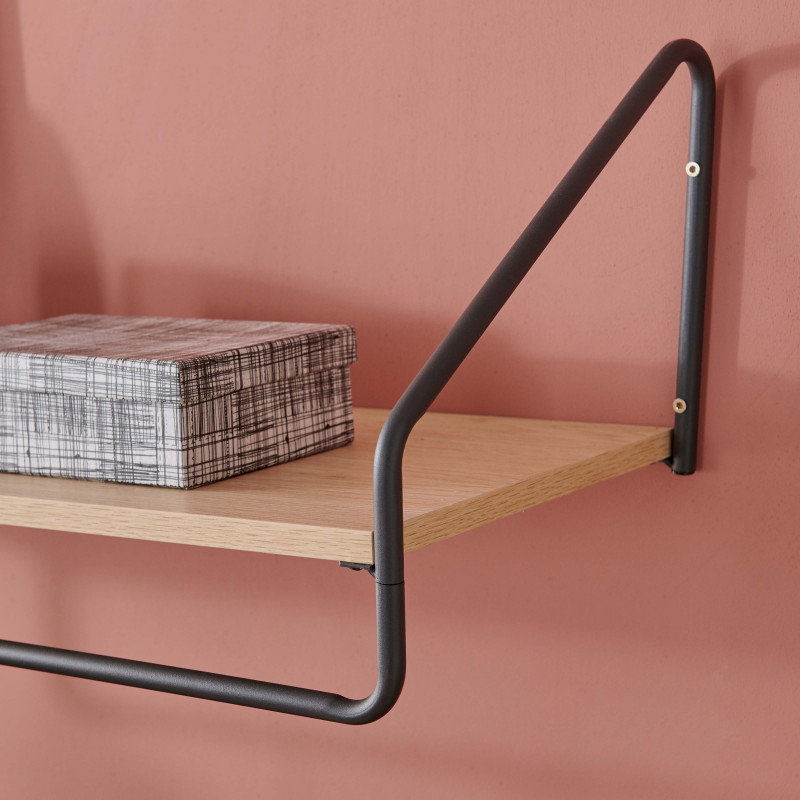 Etagère penderie murale Bois et Métal Noir 90 cm - NELO