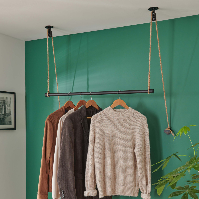 Kit penderie suspendue Industriel - Barre portant dressing sous plafond avec corde et poulie 1 m - L