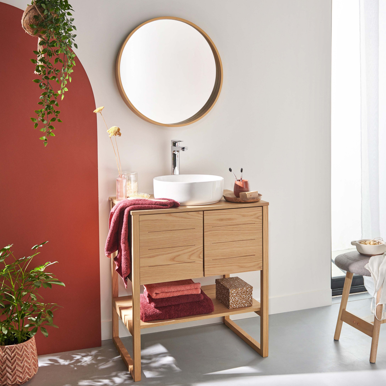 Meuble de Salle De Bain Chêne 70 cm ATOLL + Miroir Rond 60 cm + Vasque ronde 37 cm