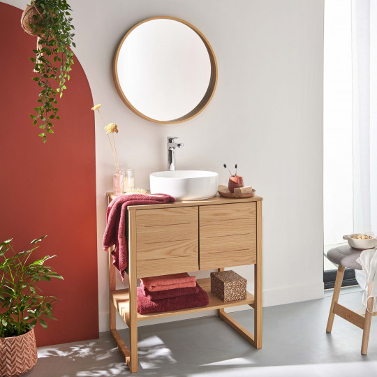 Meuble de Salle De Bain Chêne 70 cm ATOLL + Miroir Rond 60 cm + Vasque ronde 37 cm