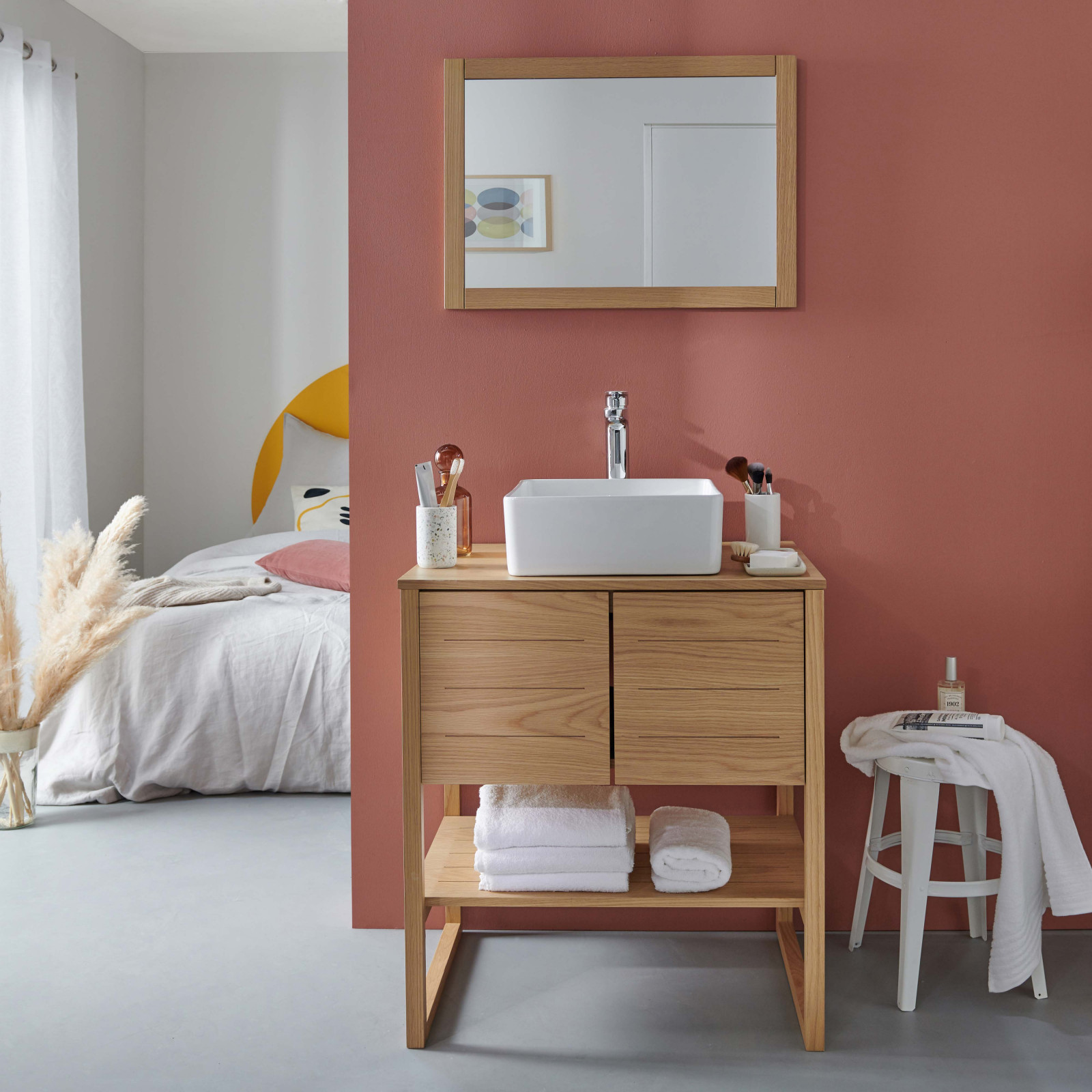 Ensemble de Salle De Bain Meuble Chêne 70 cm ATOLL + Miroir Bois L50xH70cm + Vasque carrée