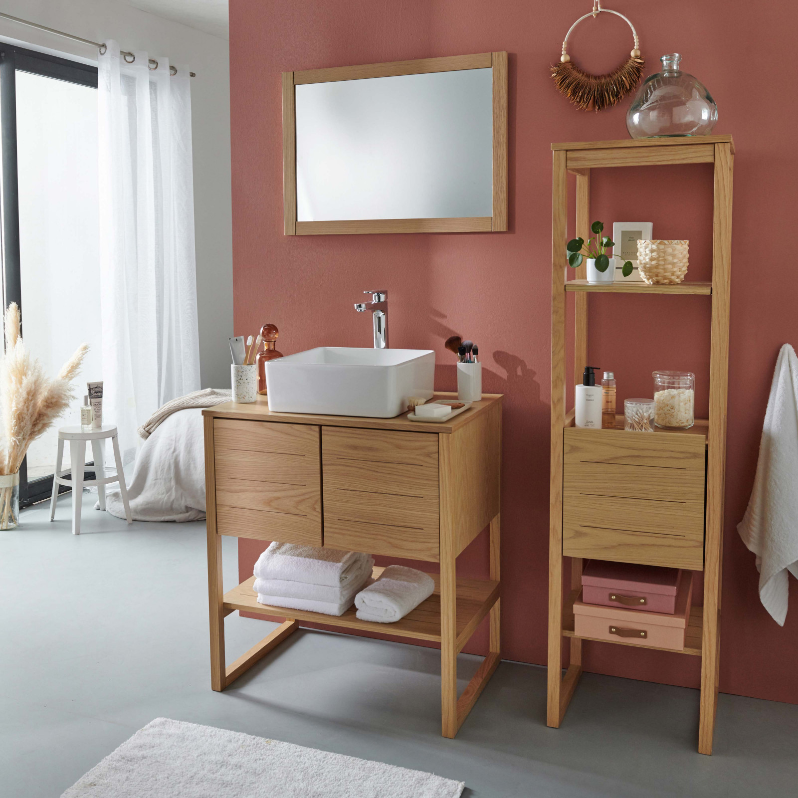Ensemble de Salle De Bain Meuble Chêne + Colonne de rangement Chêne ATOLL + Miroir + Vasque