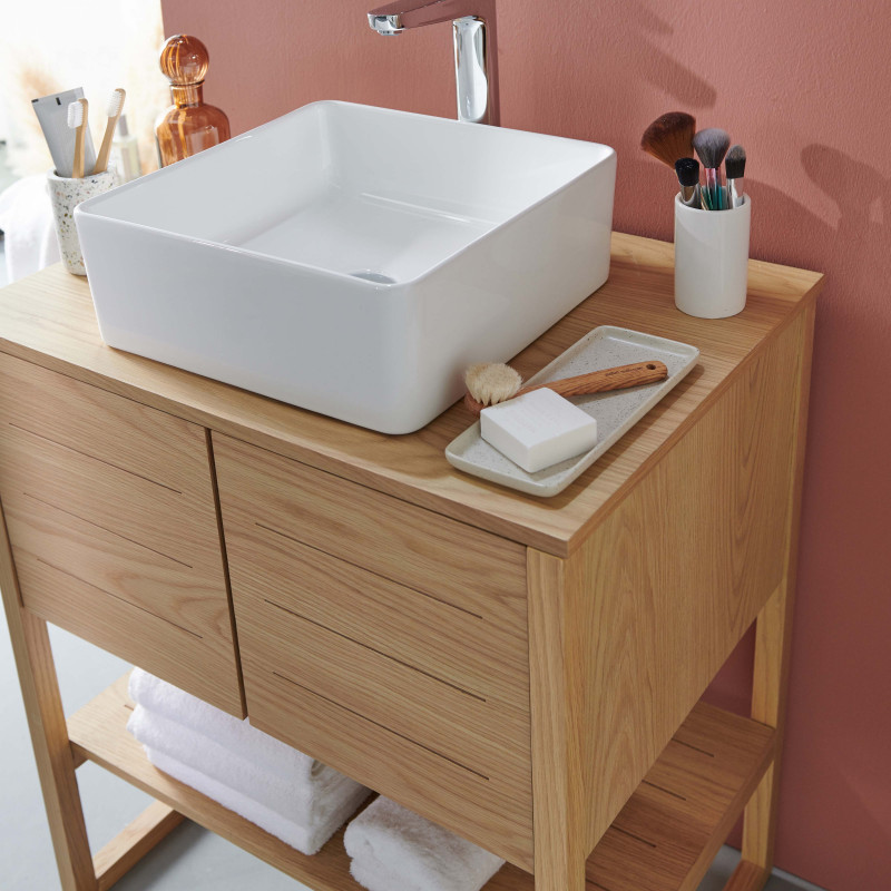 Ensemble de Salle De Bain Meuble Chêne + Colonne de rangement Chêne ATOLL + Miroir + Vasque