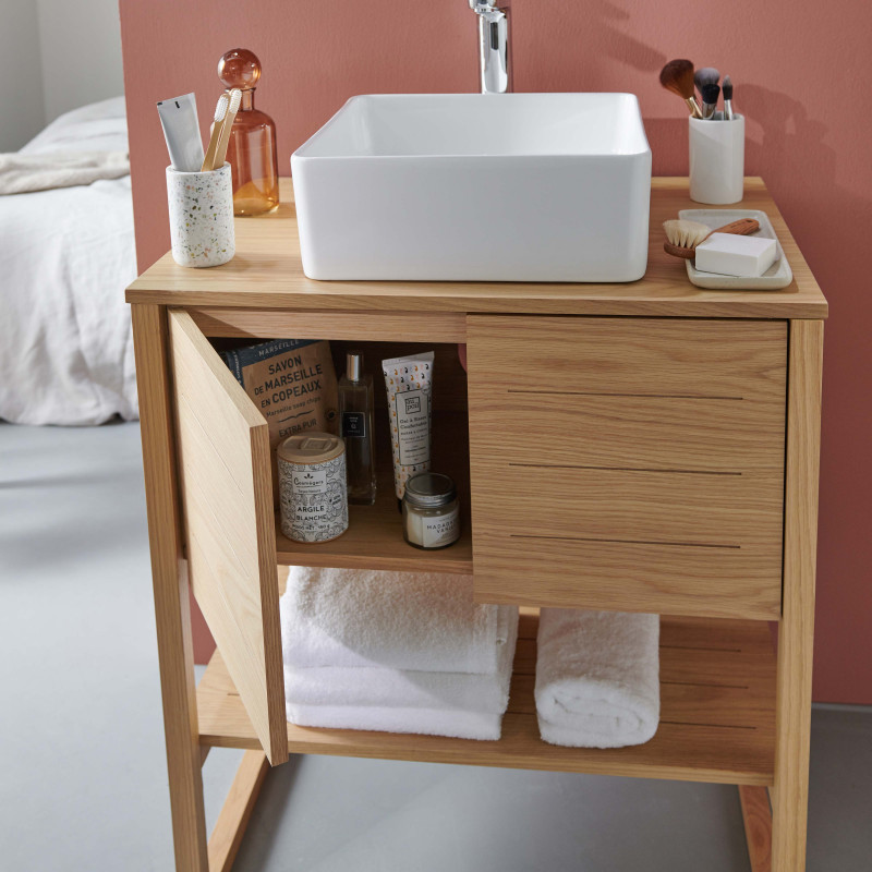 Ensemble de Salle De Bain Meuble Chêne + Colonne de rangement Chêne ATOLL + Miroir + Vasque