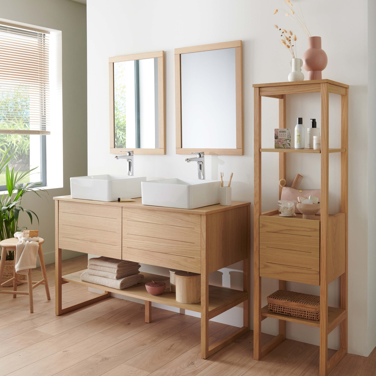 Ensemble de Salle De Bain Meuble Chêne 120 cm + Colonne de rangement ATOLL + 2 Miroirs + 2 Vasques