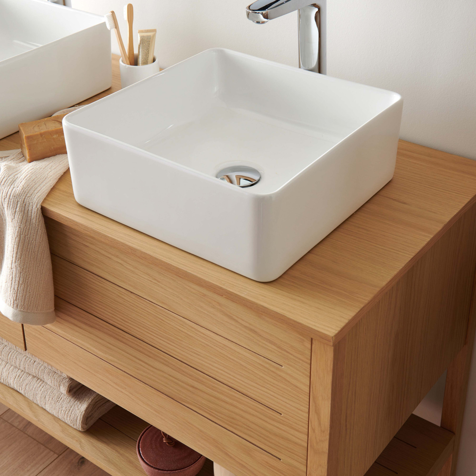Ensemble de Salle De Bain Meuble Chêne 120 cm + Colonne de rangement ATOLL + 2 Miroirs + 2 Vasques