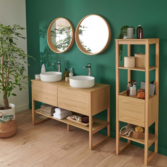 Meuble de Salle De Bain Chêne 120 cm + Colonne ATOLL + 2 Miroirs ronds 60 cm + 2 Vasques rondes 37 cm