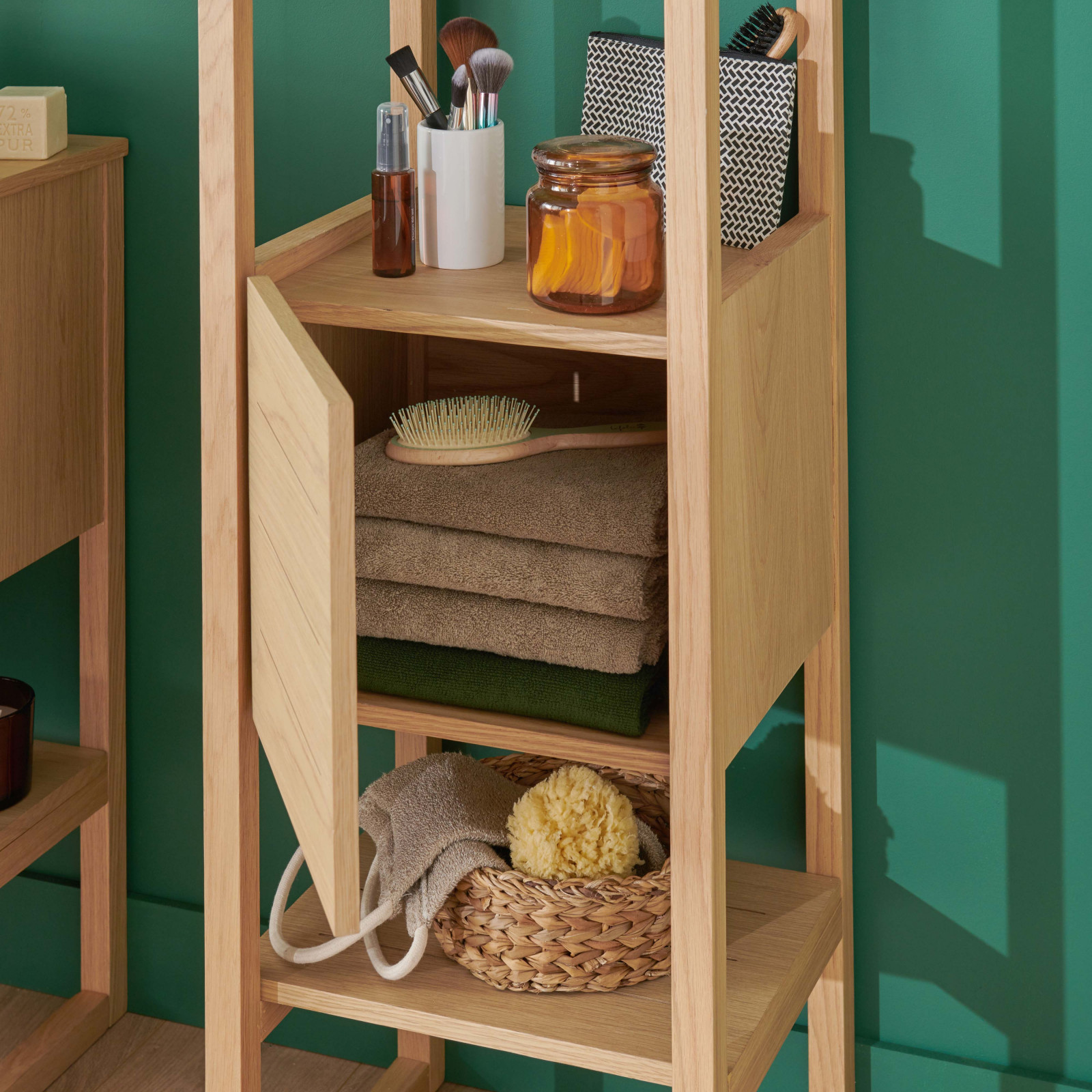 Meuble de Salle De Bain Chêne 120 cm + Colonne ATOLL + 2 Miroirs ronds 60 cm + 2 Vasques rondes 37 cm