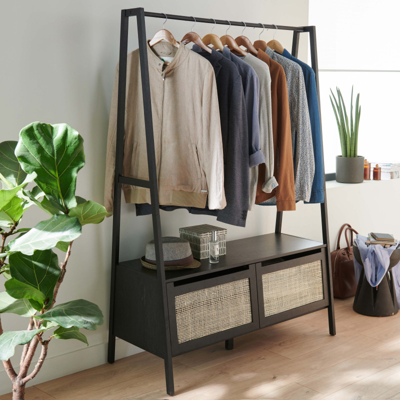 Portant vêtements en Bois coloris Noir Carbone et Cannage de Rotin 110 cm - ARKA