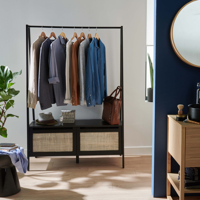 Portant vêtements en Bois coloris Noir Carbone et Cannage de Rotin 110 cm - ARKA