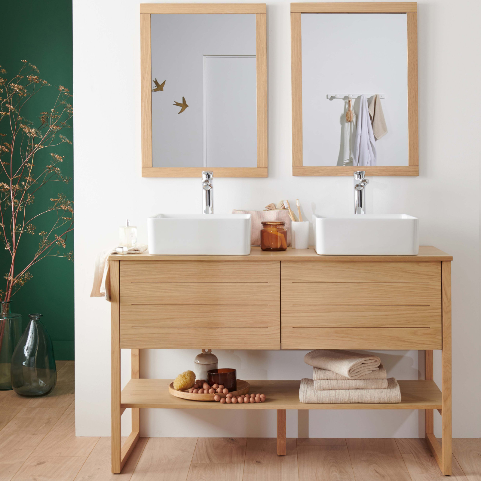 Ensemble de Salle De Bain Meuble Chêne 120 cm ATOLL + 2 Miroirs + 2 Vasques