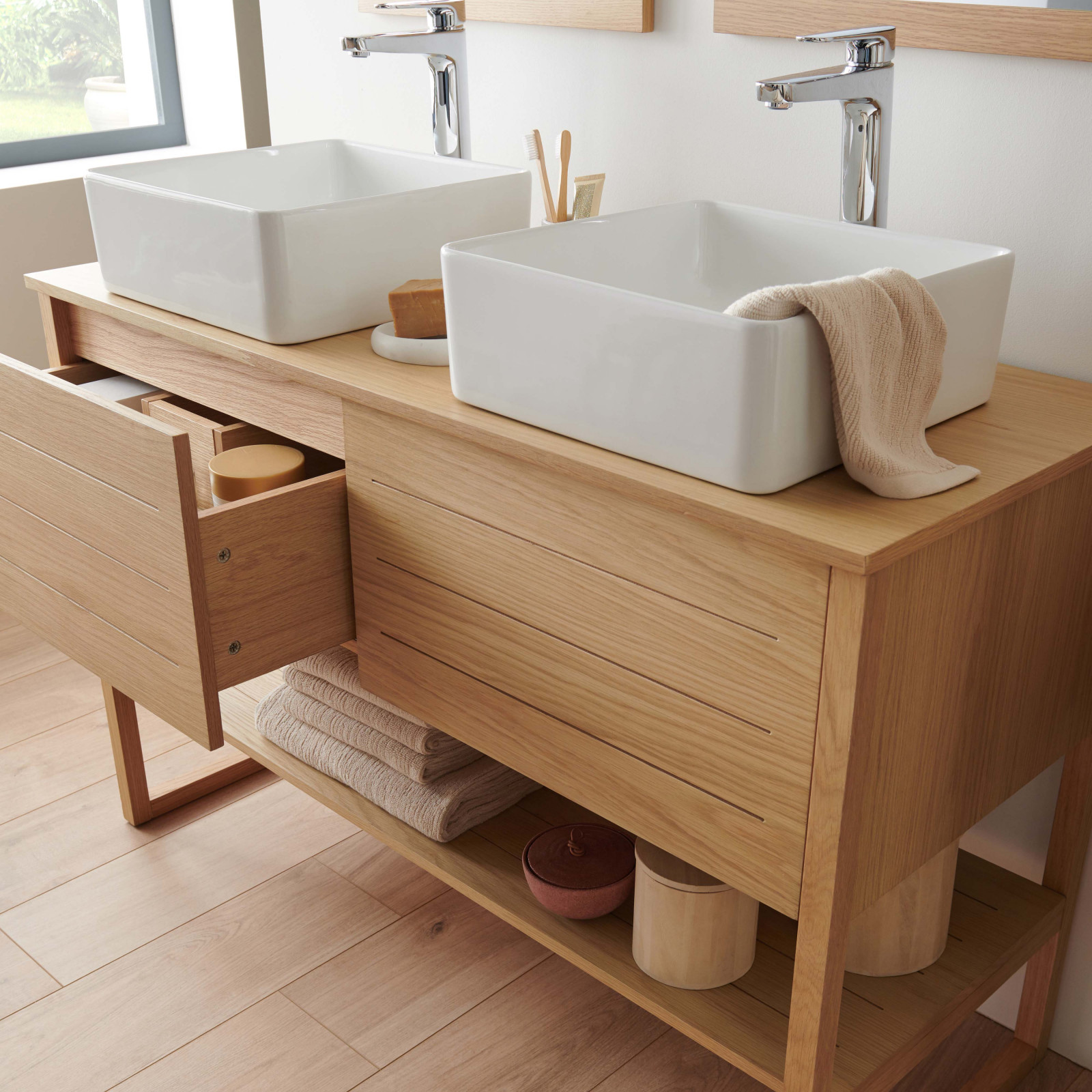 Ensemble de Salle De Bain Meuble Chêne 120 cm ATOLL + 2 Miroirs + 2 Vasques