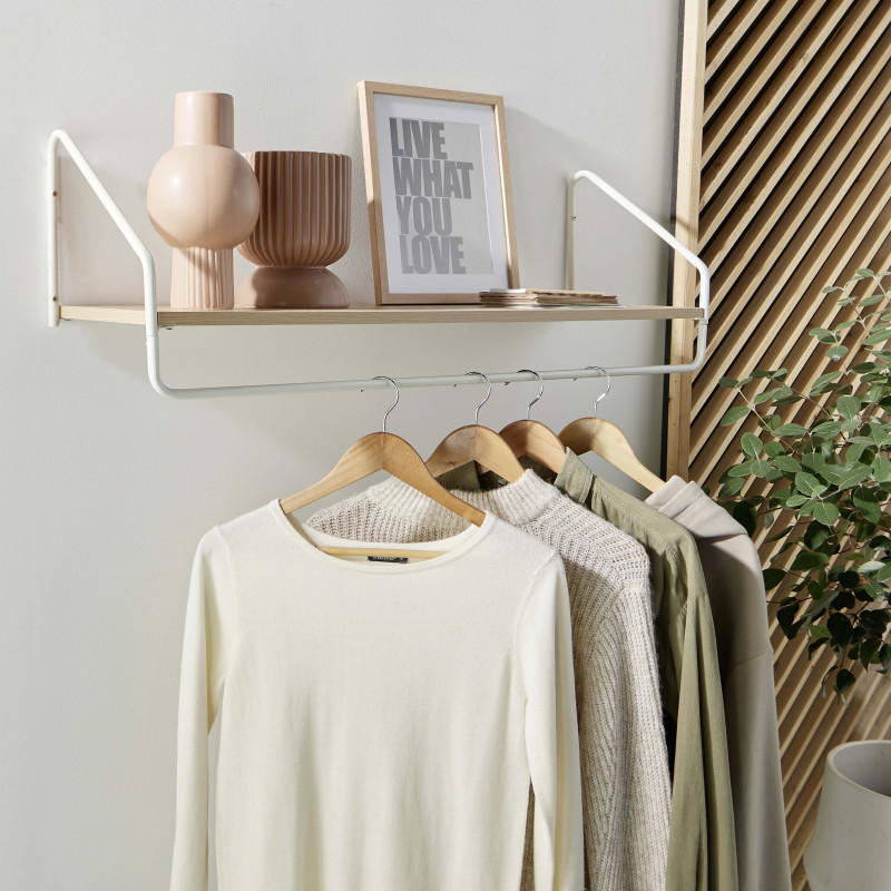Etagère penderie murale Bois et Métal Blanc 90 cm - NELO