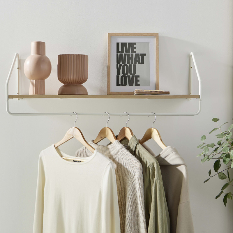 Etagère penderie murale Bois et Métal Blanc 90 cm - NELO