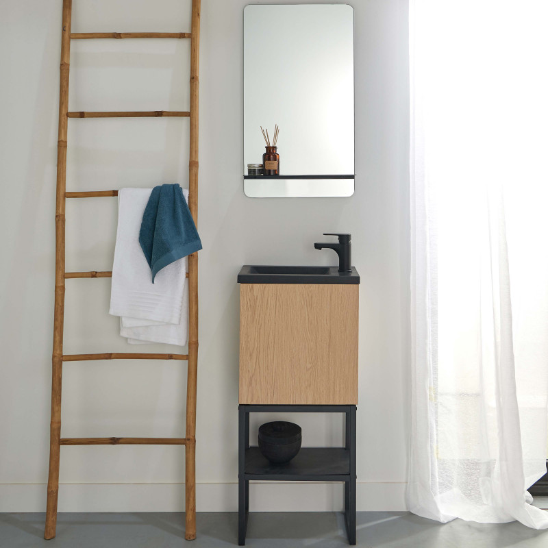 Meuble lave-mains Bois et Métal + Robinet Noir + Miroir - NOVA