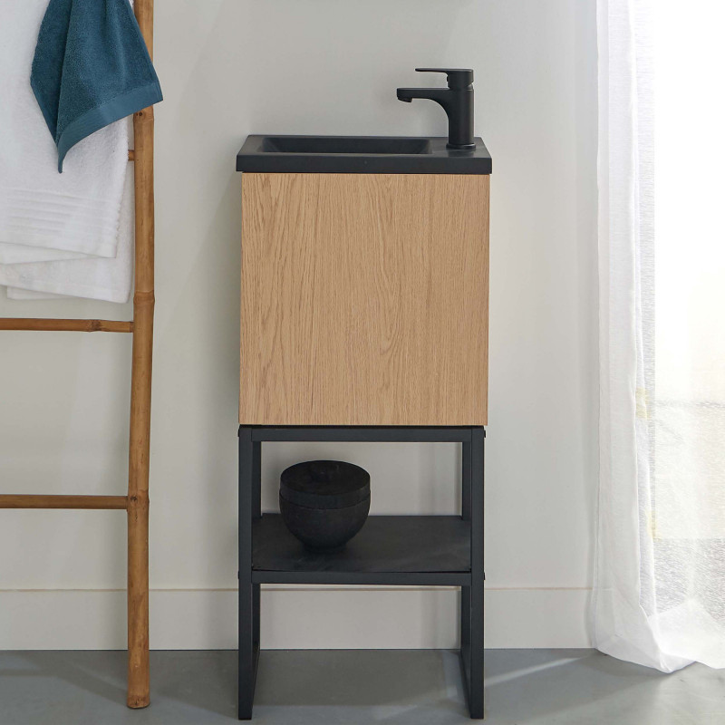 Meuble lave-mains Bois et Métal + Robinet Noir