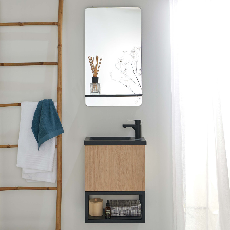 Lave-mains Métal noir et Chêne L40 x H50 NOVA + miroir noir