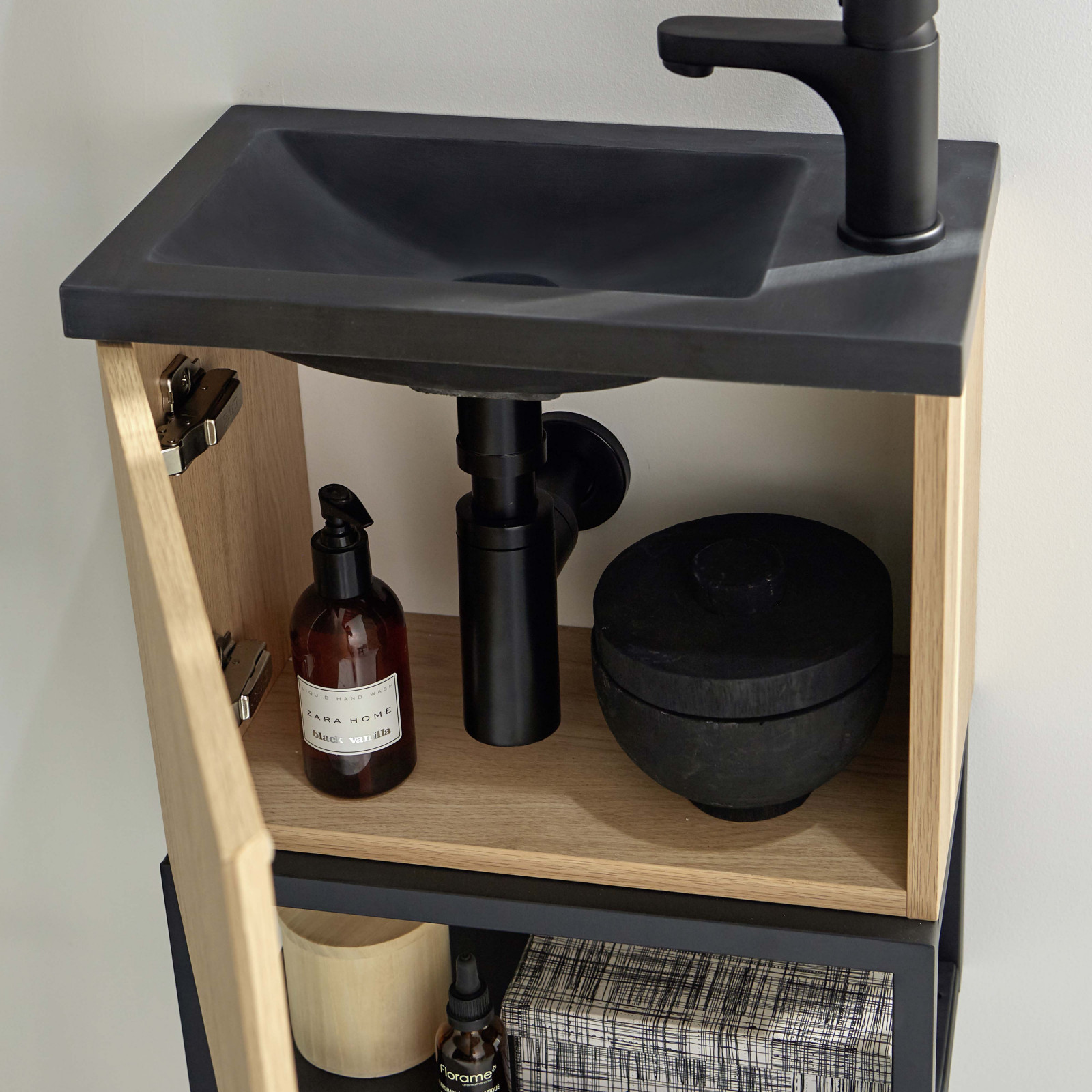 Lave-mains Métal noir et Chêne L40 x H50 NOVA + miroir noir