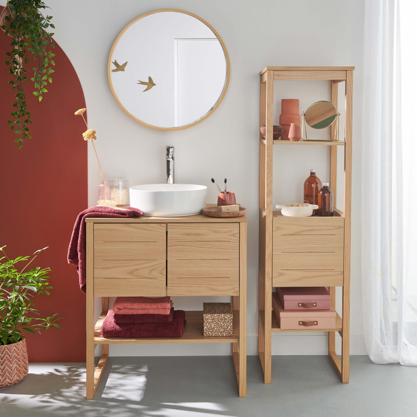 Meuble de Salle De Bain Chêne 70 cm ATOLL + Colonne + Miroir Rond 60 cm + Vasque ronde 37 cm