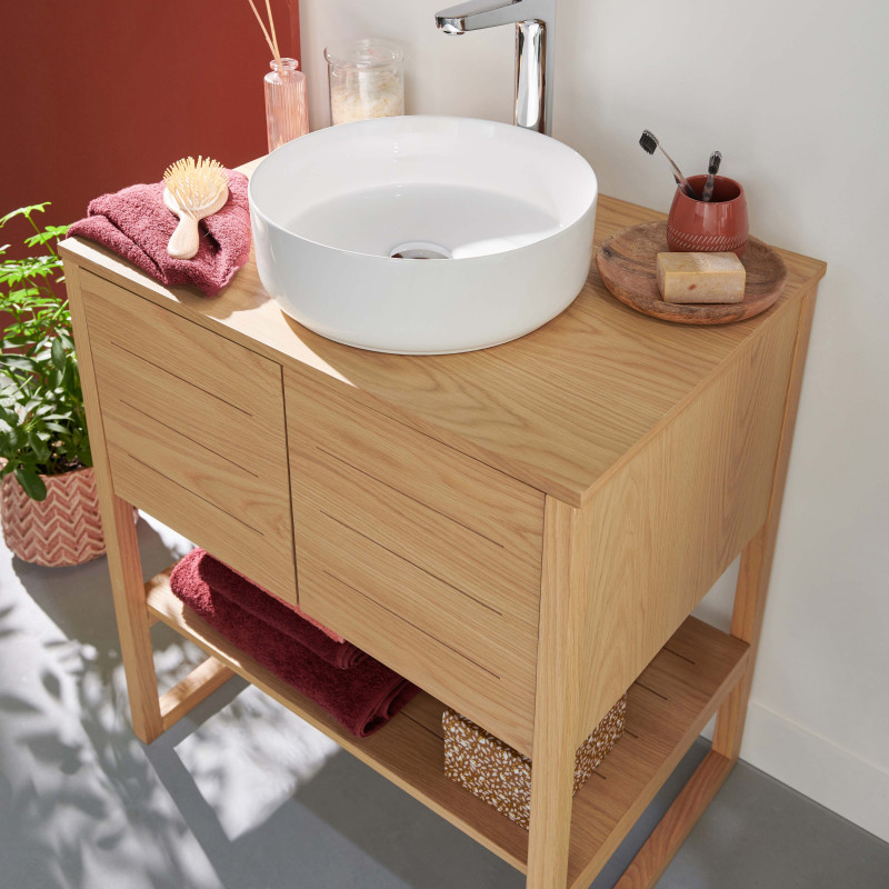 Meuble de Salle De Bain Chêne 70 cm ATOLL + Colonne + Miroir Rond 60 cm + Vasque ronde 37 cm